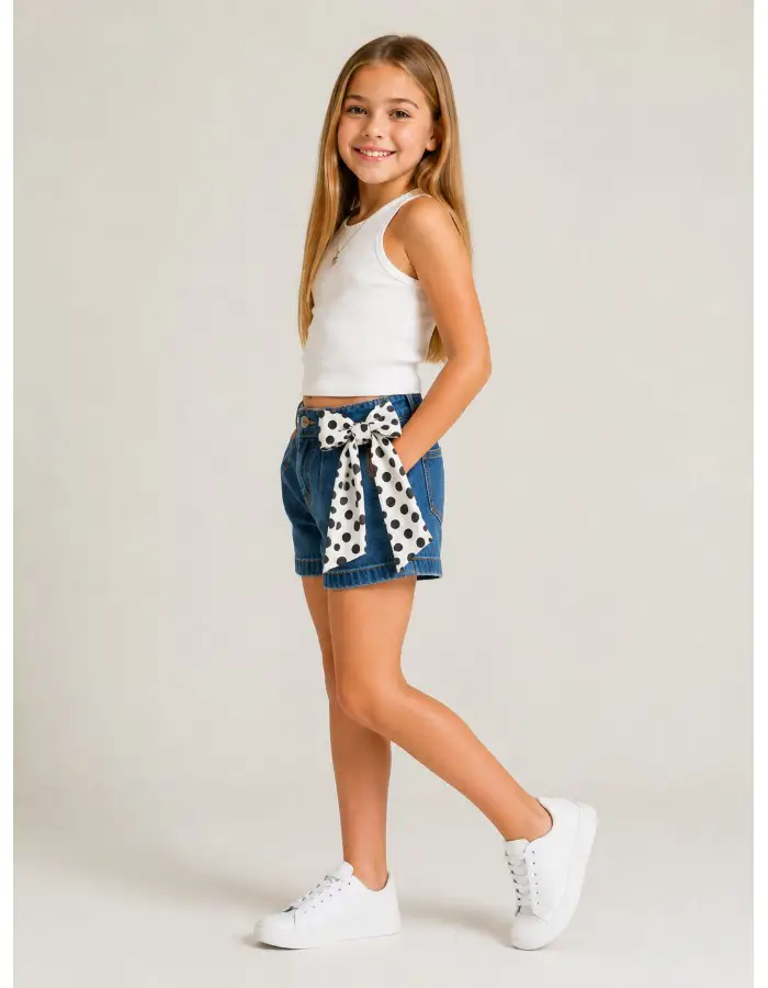 SHORT JEANS INFANTIL FEMININO COM LACO EM POA